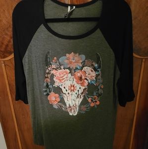 Baseball T w/cow skull and flowers